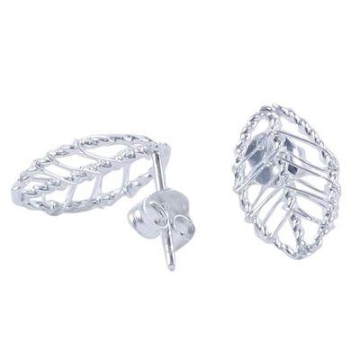 Alternate image for Artisan Crafted Sterling Silver Leaf Shaped Button Earrings Lucky Leaf Wrap