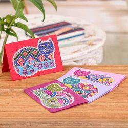 Image for Set of 4 Cat-Themed Batik Cotton and Paper Greeting Cards Endearing Salutations