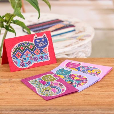 Alternate image for Set of 4 Cat-Themed Batik Cotton and Paper Greeting Cards Endearing Salutations