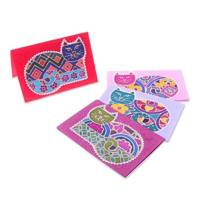Alternate image for Set of 4 Cat-Themed Batik Cotton and Paper Greeting Cards Endearing Salutations
