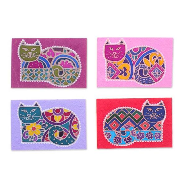 Alternate image for Set of 4 Cat-Themed Batik Cotton and Paper Greeting Cards Endearing Salutations