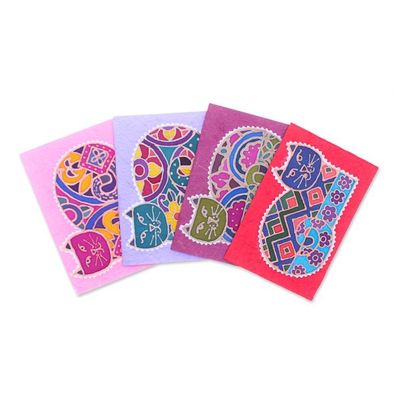 Alternate image for Set of 4 Cat-Themed Batik Cotton and Paper Greeting Cards Endearing Salutations
