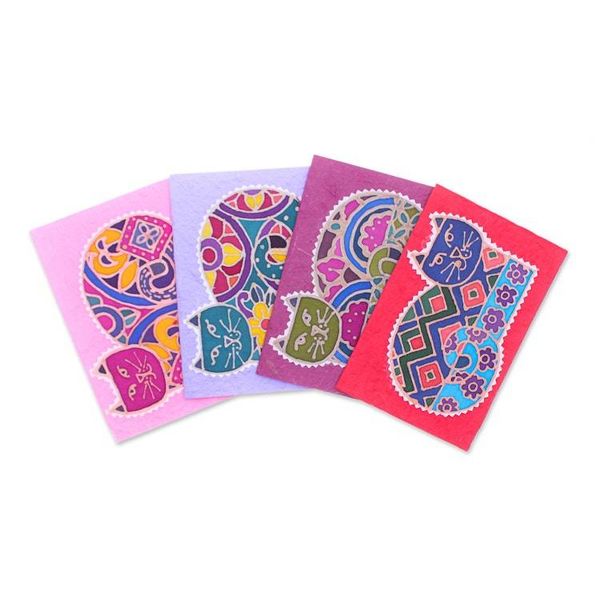 Alternate image for Set of 4 Cat-Themed Batik Cotton and Paper Greeting Cards Endearing Salutations