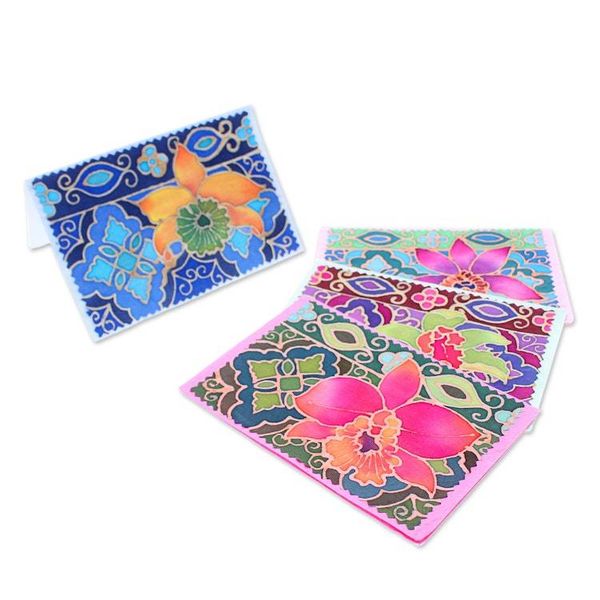Alternate image for Set of 4 Floral-Themed Batik Cotton and Paper Greeting Cards Floral Salutations