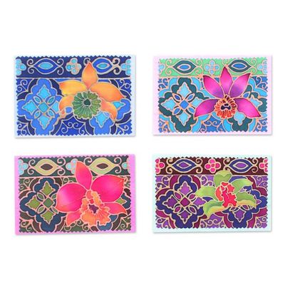 Alternate image for Set of 4 Floral-Themed Batik Cotton and Paper Greeting Cards Floral Salutations