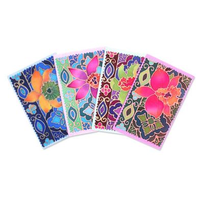 Alternate image for Set of 4 Floral-Themed Batik Cotton and Paper Greeting Cards Floral Salutations