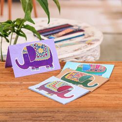 Image for Elephant-Themed Batik Cotton Paper Greeting Cards Set of 4 Adorable Salutations