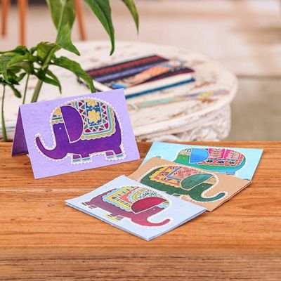 Alternate image for Elephant-Themed Batik Cotton Paper Greeting Cards Set of 4 Adorable Salutations
