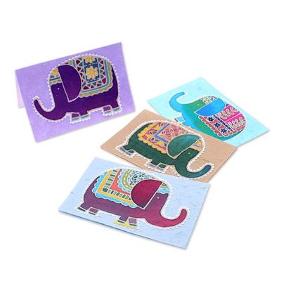 Alternate image for Elephant-Themed Batik Cotton Paper Greeting Cards Set of 4 Adorable Salutations