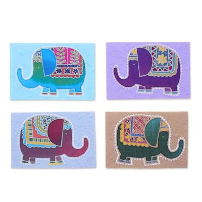 Alternate image for Elephant-Themed Batik Cotton Paper Greeting Cards Set of 4 Adorable Salutations
