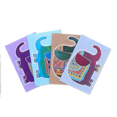 Alternate image for Elephant-Themed Batik Cotton Paper Greeting Cards Set of 4 Adorable Salutations