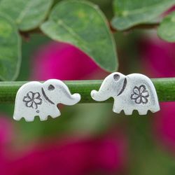 Image for Silver Elephant Stud Earrings with Hill Tribe Floral Motif Cute Elephant