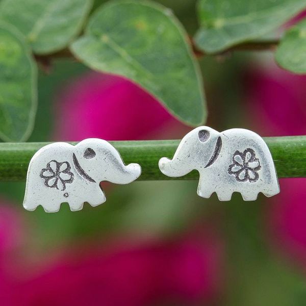 Alternate image for Silver Elephant Stud Earrings with Hill Tribe Floral Motif Cute Elephant