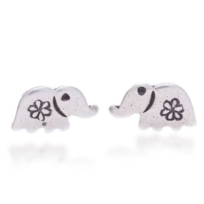 Alternate image for Silver Elephant Stud Earrings with Hill Tribe Floral Motif Cute Elephant