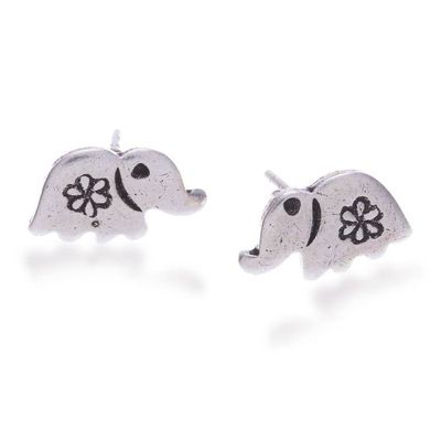 Alternate image for Silver Elephant Stud Earrings with Hill Tribe Floral Motif Cute Elephant