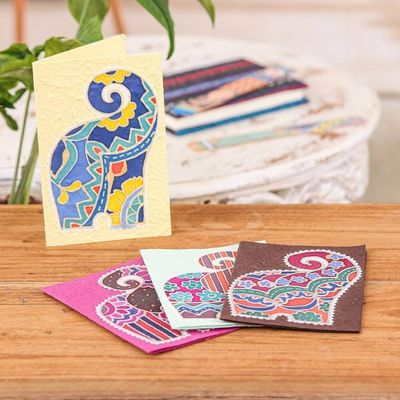 Alternate image for Set of 4 Colorful Elephant Batik Cotton Paper Greeting Cards Lovely Salutations