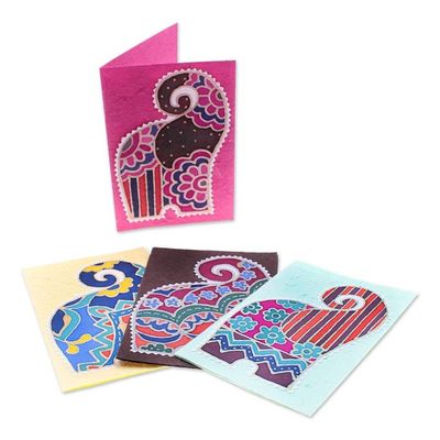 Alternate image for Set of 4 Colorful Elephant Batik Cotton Paper Greeting Cards Lovely Salutations