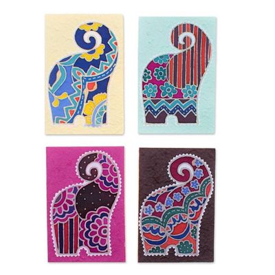 Alternate image for Set of 4 Colorful Elephant Batik Cotton Paper Greeting Cards Lovely Salutations