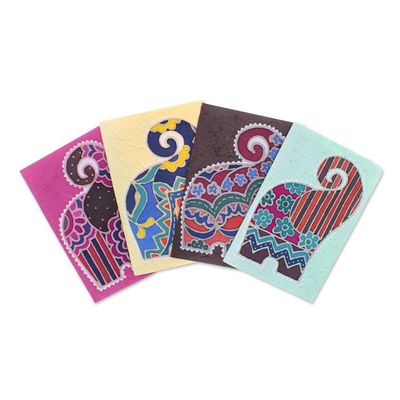 Alternate image for Set of 4 Colorful Elephant Batik Cotton Paper Greeting Cards Lovely Salutations