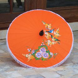 Image for Artisan Crafted Parasol in Orange with Birds and Flowers Birds and Flowers on Orange