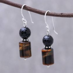 Image for Onyx and Tigers Eye Dangle Earrings from Thailand Earthen Marvel