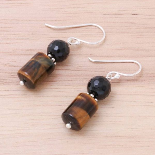 Alternate image for Onyx and Tigers Eye Dangle Earrings from Thailand Earthen Marvel