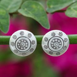 Image for Silver Button Earrings with Hill Tribe Floral Patterns Floral Stamps