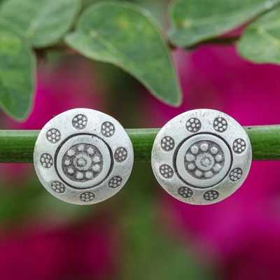 Primary image for Silver Button Earrings with Hill Tribe Floral Patterns Floral Stamps