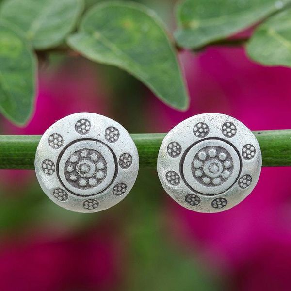 Alternate image for Silver Button Earrings with Hill Tribe Floral Patterns Floral Stamps