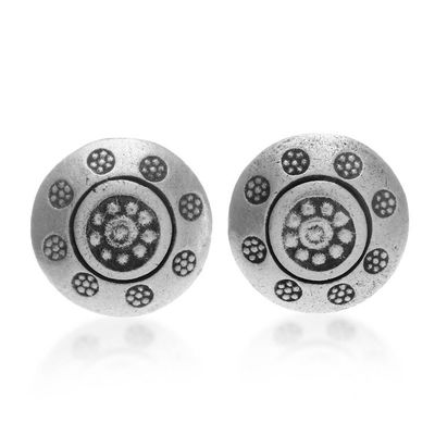 Alternate image for Silver Button Earrings with Hill Tribe Floral Patterns Floral Stamps