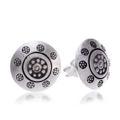Alternate image for Silver Button Earrings with Hill Tribe Floral Patterns Floral Stamps