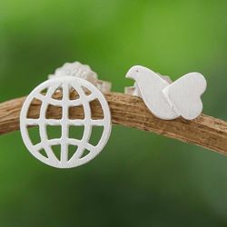 Image for Sterling Silver Stud Earrings with Globe and Bird Details Flying to Peace
