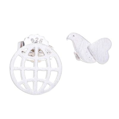 Alternate image for Sterling Silver Stud Earrings with Globe and Bird Details Flying to Peace
