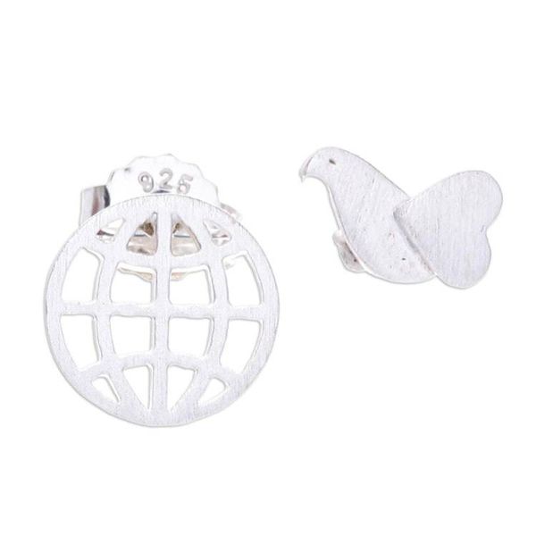 Alternate image for Sterling Silver Stud Earrings with Globe and Bird Details Flying to Peace