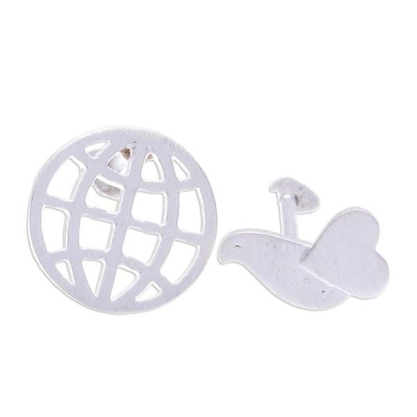 Alternate image for Sterling Silver Stud Earrings with Globe and Bird Details Flying to Peace