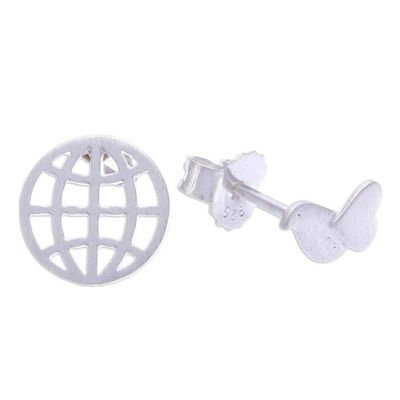 Alternate image for Sterling Silver Stud Earrings with Globe and Bird Details Flying to Peace
