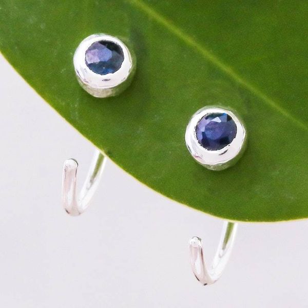 Alternate image for Petite Thai Sterling Silver Half Hoop Earrings with Sapphire Back to Front