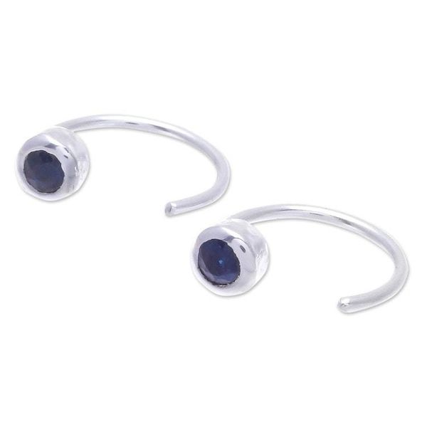 Alternate image for Petite Thai Sterling Silver Half Hoop Earrings with Sapphire Back to Front