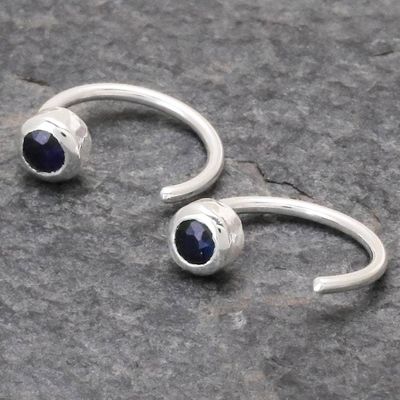 Alternate image for Petite Thai Sterling Silver Half Hoop Earrings with Sapphire Back to Front