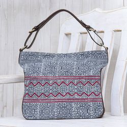 Image for Hmong Batik and Leather Handbag or Shoulder Bag Hmong Zigzag