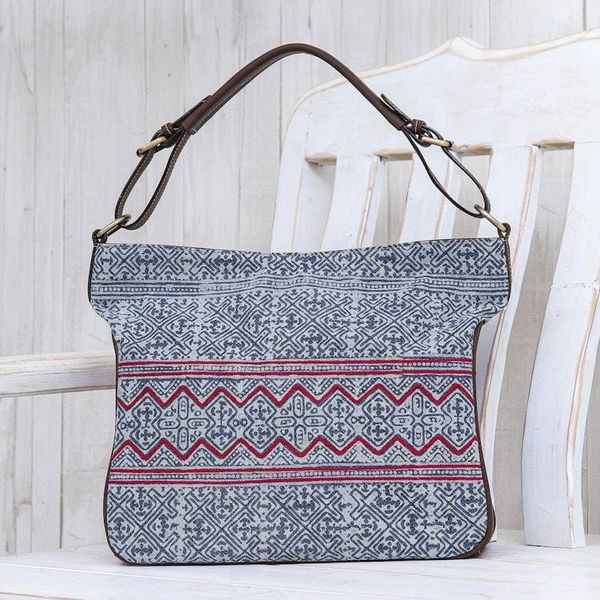 Alternate image for Hmong Batik and Leather Handbag or Shoulder Bag Hmong Zigzag