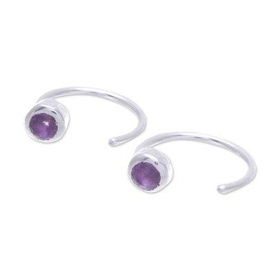 Alternate image for Petite Thai Sterling Silver Half-Hoop Earrings with Amethyst Back to Front