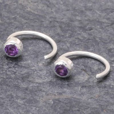 Alternate image for Petite Thai Sterling Silver Half-Hoop Earrings with Amethyst Back to Front