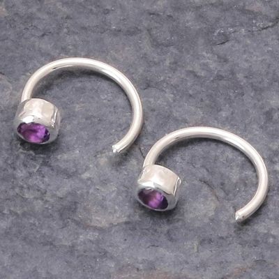 Alternate image for Petite Thai Sterling Silver Half-Hoop Earrings with Amethyst Back to Front