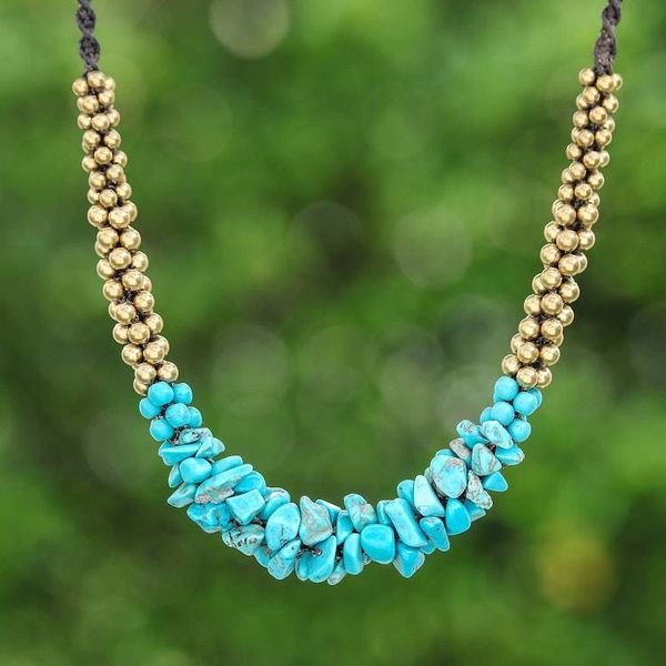 Alternate image for Bohemian Pendant Necklace with Howlite Chips and Brass Beads Turquoise Orchids