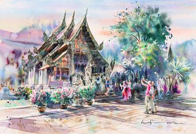 Alternate image for Impressionist Watercolor on Paper Wihan Buraphachan Painting Shrine of Ancestors