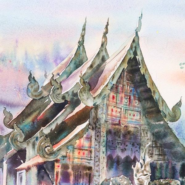Alternate image for Impressionist Watercolor on Paper Wihan Buraphachan Painting Shrine of Ancestors
