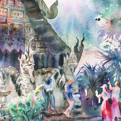 Alternate image for Impressionist Watercolor on Paper Wihan Buraphachan Painting Shrine of Ancestors
