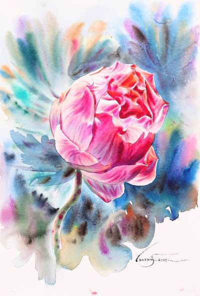 Primary image for Spring-Themed Impressionist Watercolor Lotus Bloom Painting Sattabongkot Serenity