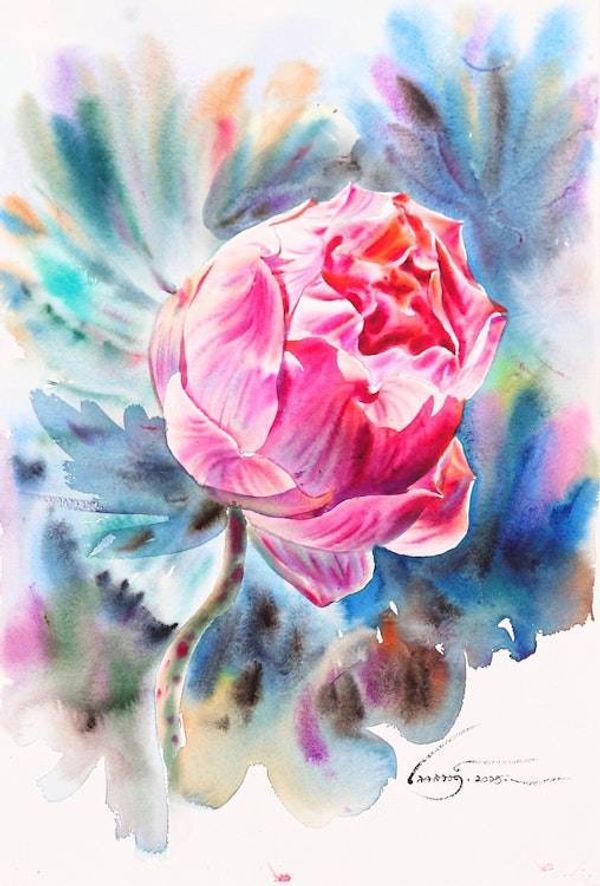 Alternate image for Spring-Themed Impressionist Watercolor Lotus Bloom Painting Sattabongkot Serenity